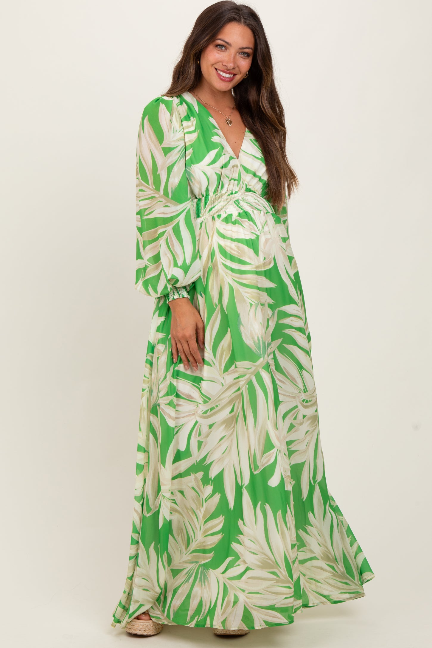 Lime Leaf Print Smocked Waist Long Sleeve Maternity Maxi Dress