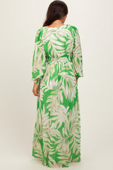 Lime Leaf Print Smocked Waist Long Sleeve Maternity Maxi Dress