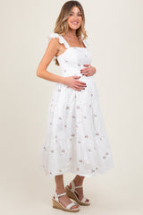White Floral Embroidered Tiered Maternity Midi Dress