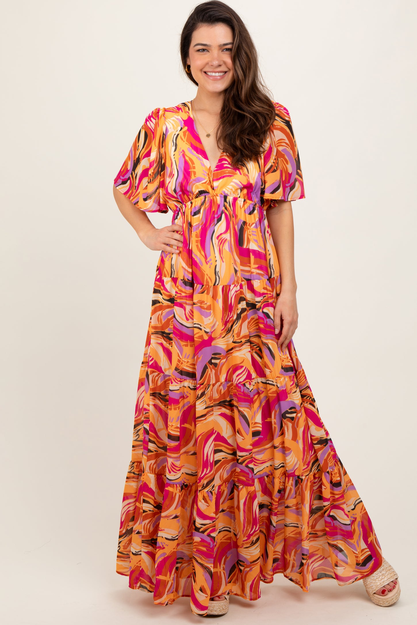 Magenta Brushstroke Print Tiered Maternity Maxi Dress