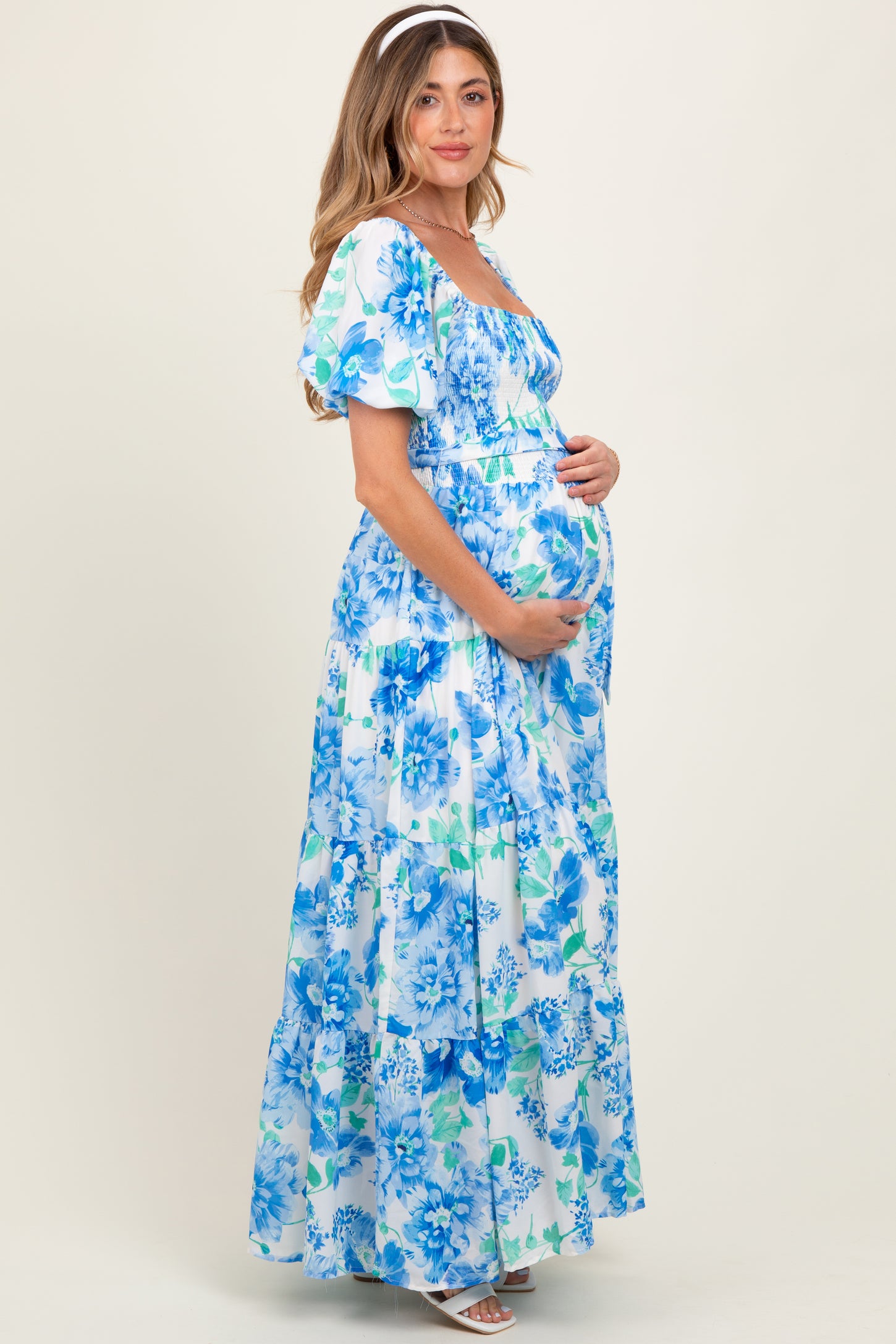 Blue Floral Smocked Puff Sleeve Maternity Maxi Dress