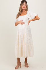 Cream Jacquard Puff Sleeve Tiered Maternity Midi Dress
