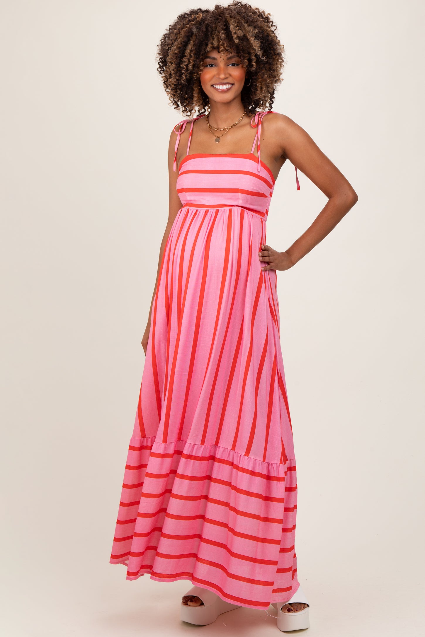 Pink Striped Shoulder Tie Maternity Maxi Dress