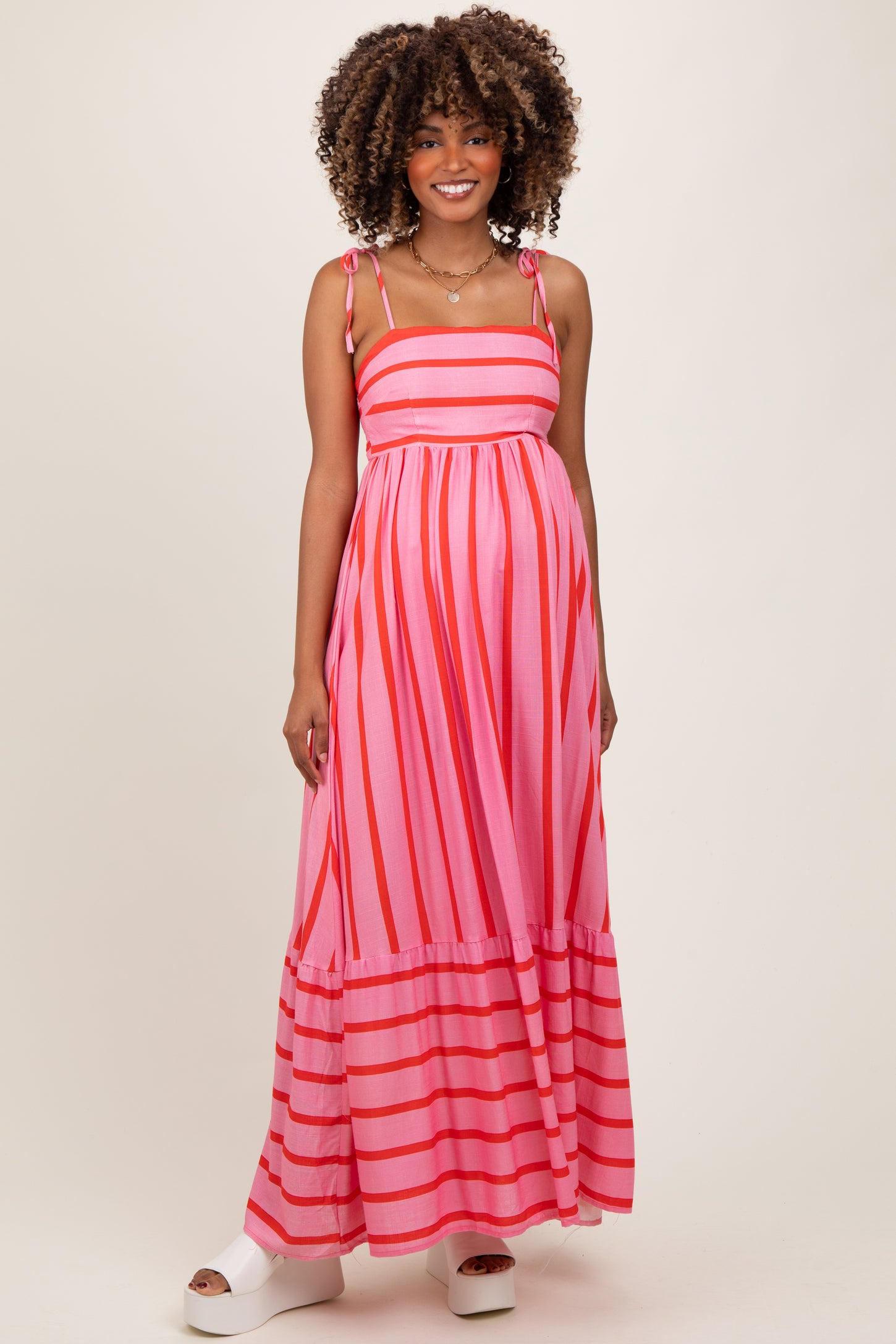 Pink Striped Shoulder Tie Maternity Maxi Dress
