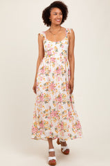 Cream Floral Cutout Tie Back Midi Dress