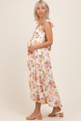 Cream Floral Cutout Tie Back Maternity Midi Dress
