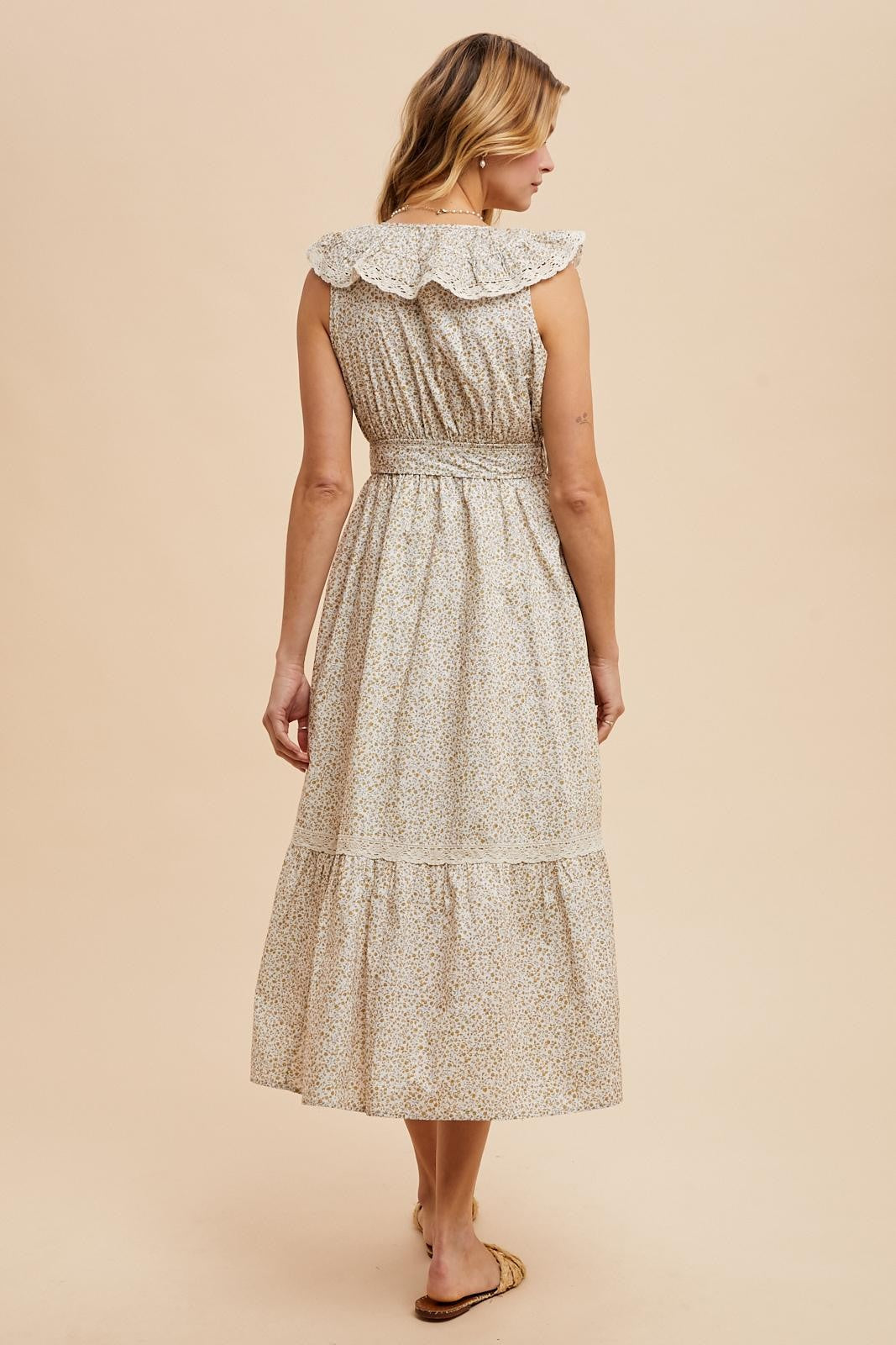 Cream Ruffled Floral Cotton Maxi Dress