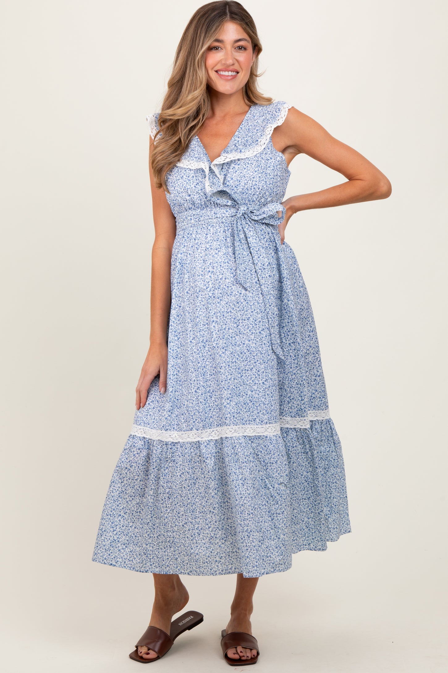Light Blue Ruffled Floral Cotton Maternity Maxi Dress