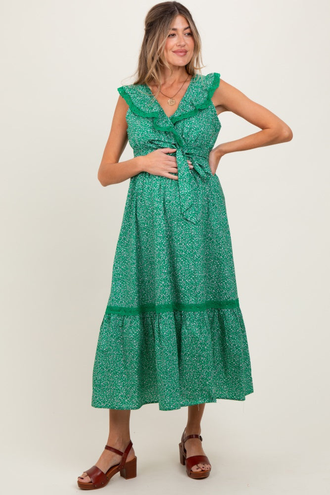 Green Ruffled Floral Cotton Maternity Maxi Dress