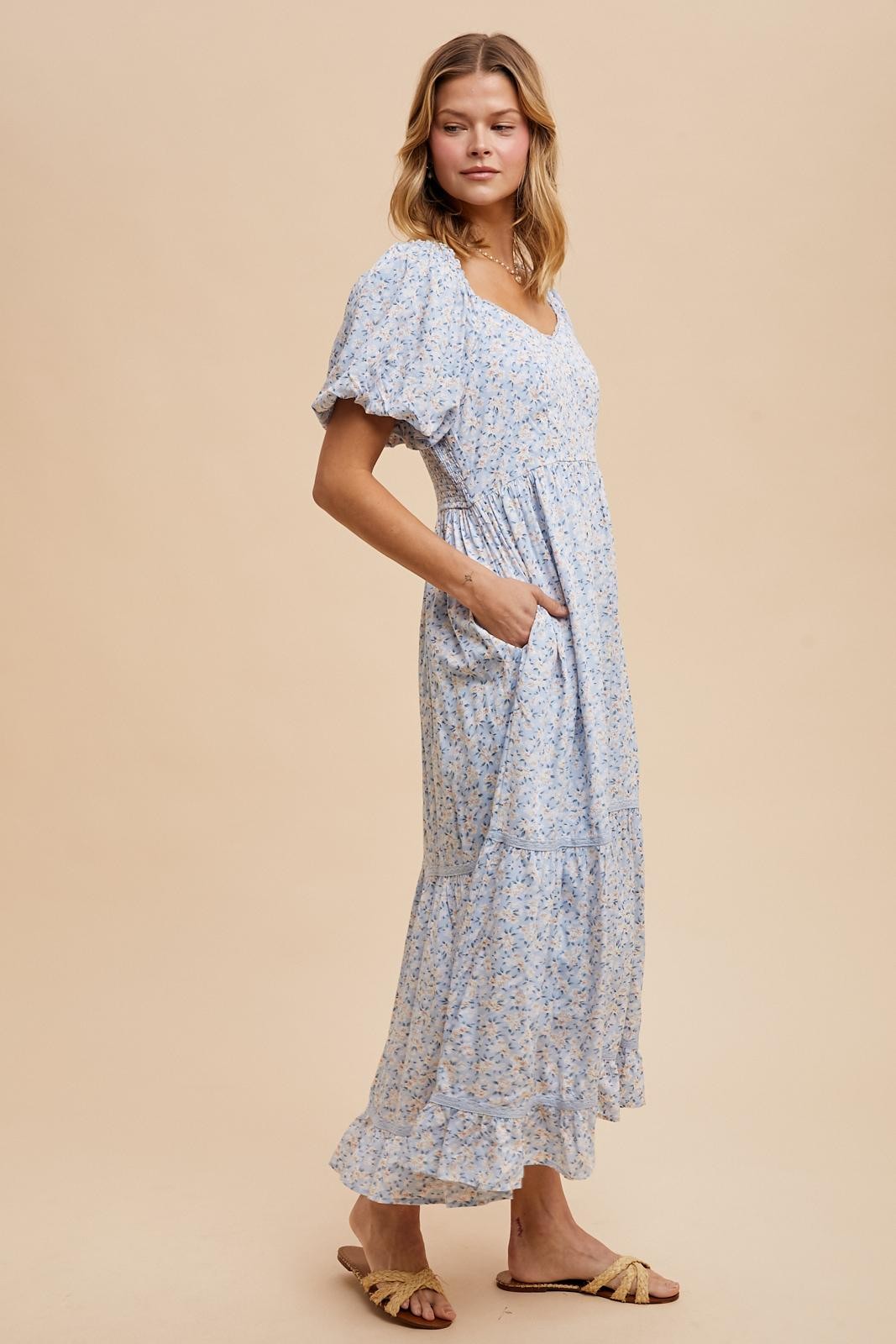 Light Blue Floral Sweetheart Maxi Dress