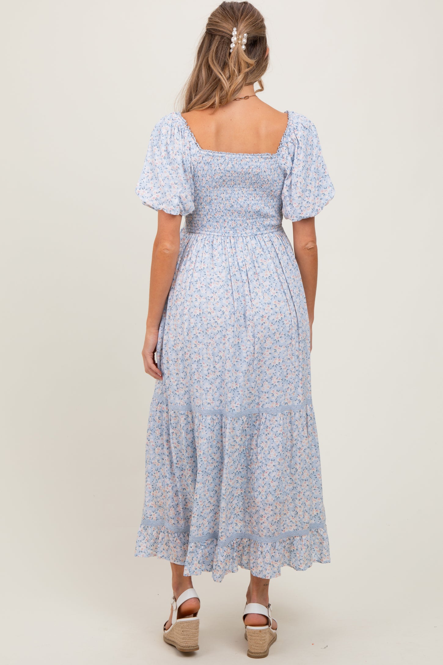 Light Blue Floral Sweetheart Maternity Maxi Dress