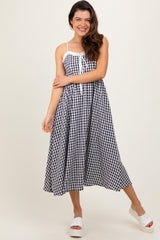 Black Gingham Smocked Trim Midi Dress