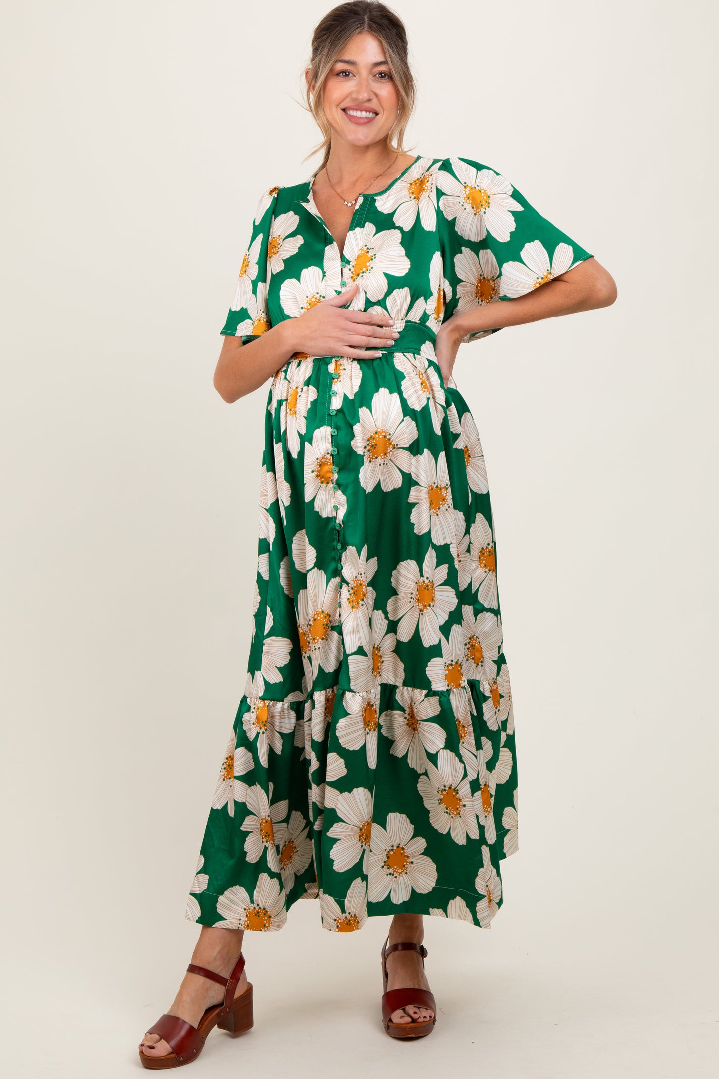 Emerald Notched Collar Floral Button Down Maternity Maxi Dress