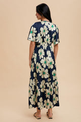 Navy Notched Collar Floral Button Down Maxi Dress