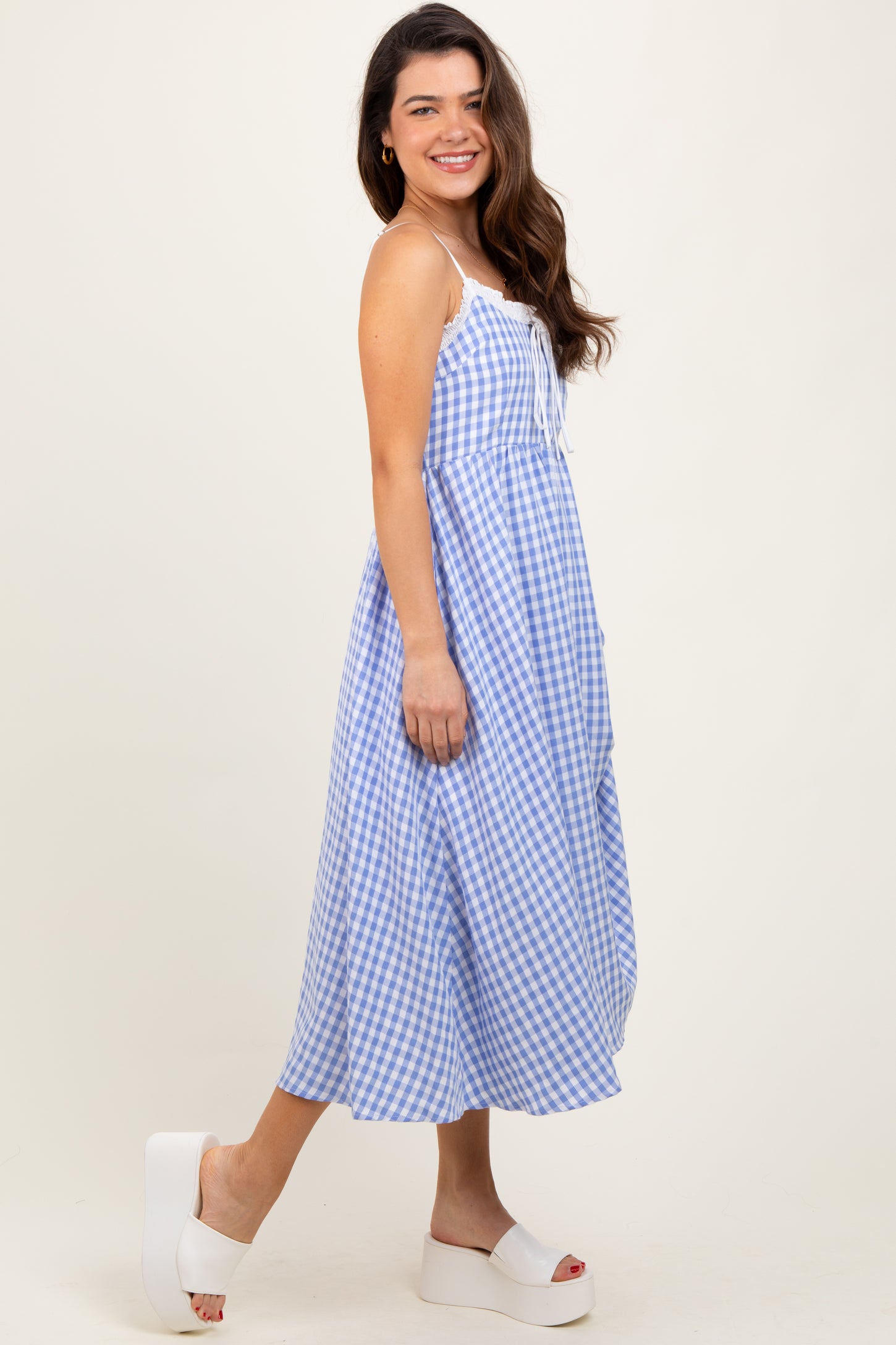 Blue Gingham Smocked Trim Midi Dress
