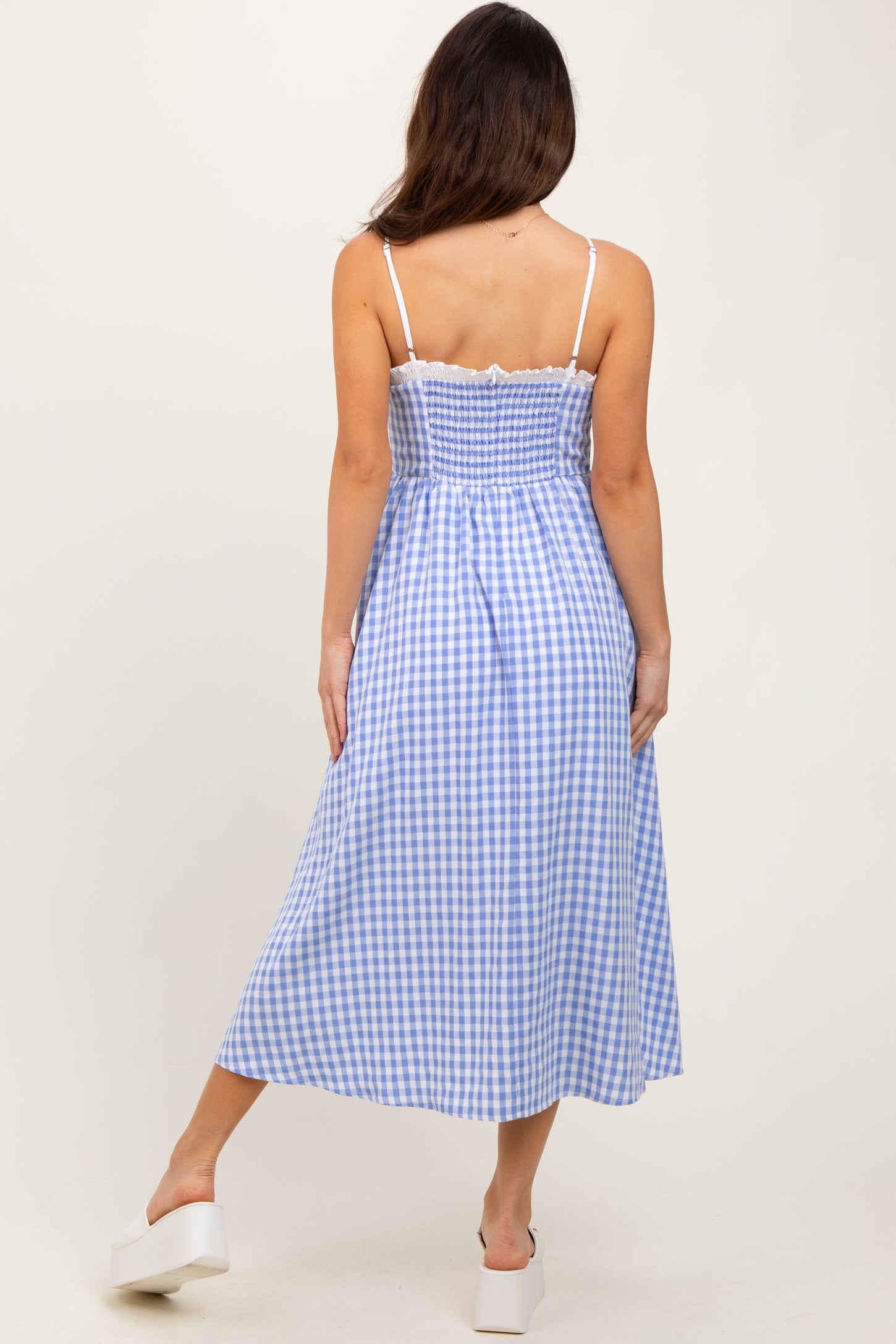 Blue Gingham Smocked Trim Midi Dress