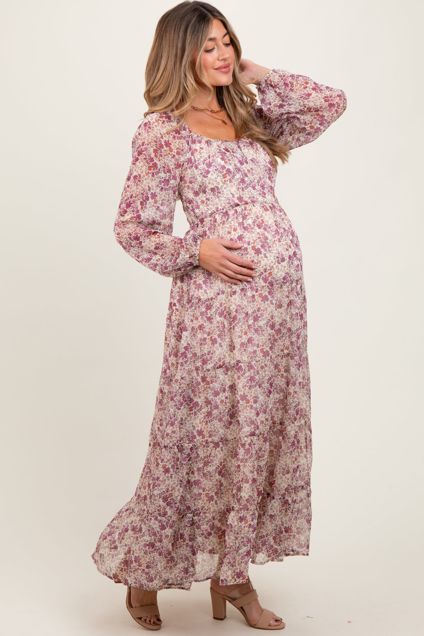 Mauve Floral Floral Chiffon Maternity Maxi Dress