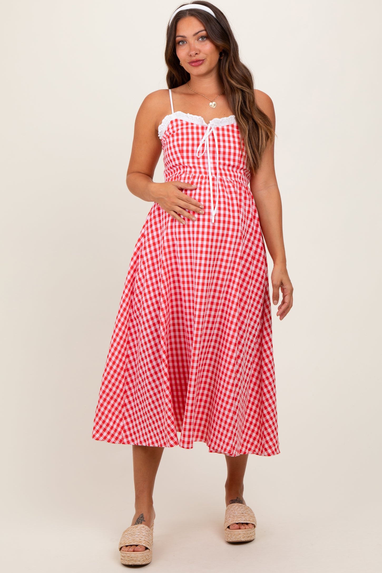 Red Gingham Smocked Trim Maternity Midi Dress