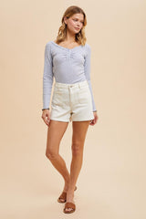 Light Blue Lace Trim Floral Fitted Top
