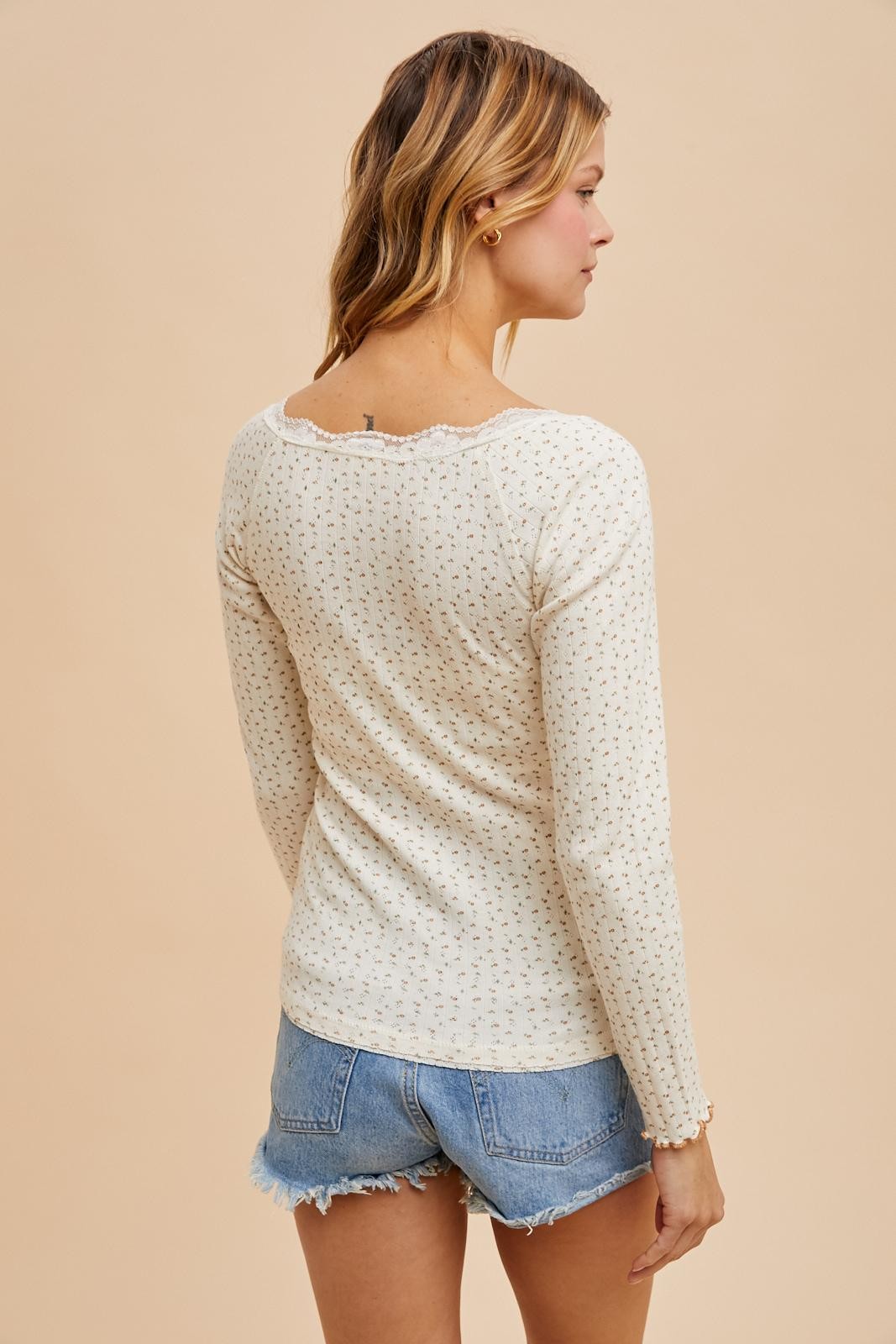 Cream Lace Trim Floral Fitted Top