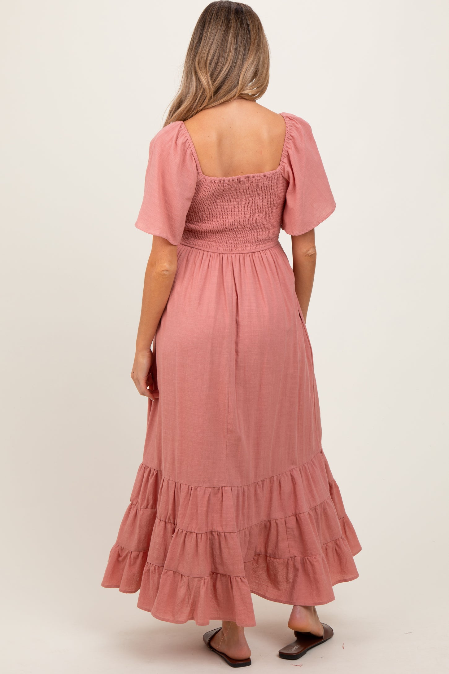 Mauve Smocked Cotton Flutter Sleeve Maternity Maxi Dress