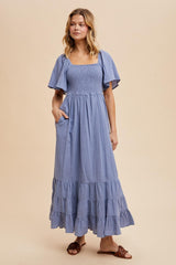 Blue Smocked Cotton Flutter Sleeve Maternity Maxi Dress