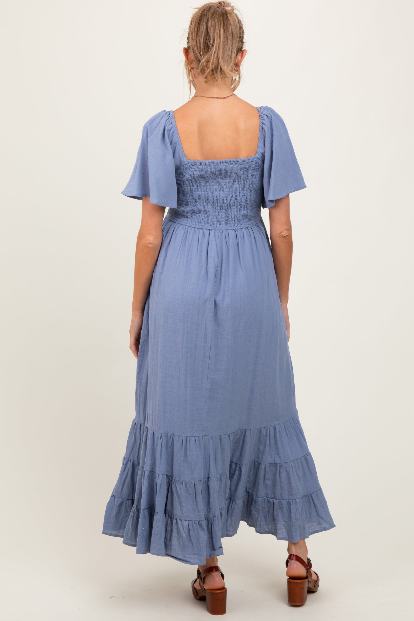 Blue Smocked Cotton Flutter Sleeve Maternity Maxi Dress