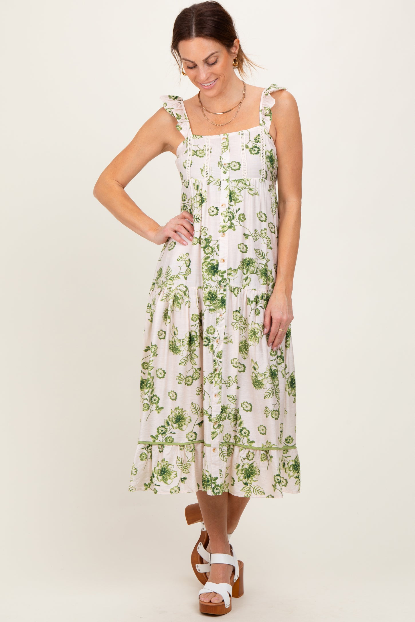 Green Floral Ruffle Strap Tiered Maternity Midi Dress
