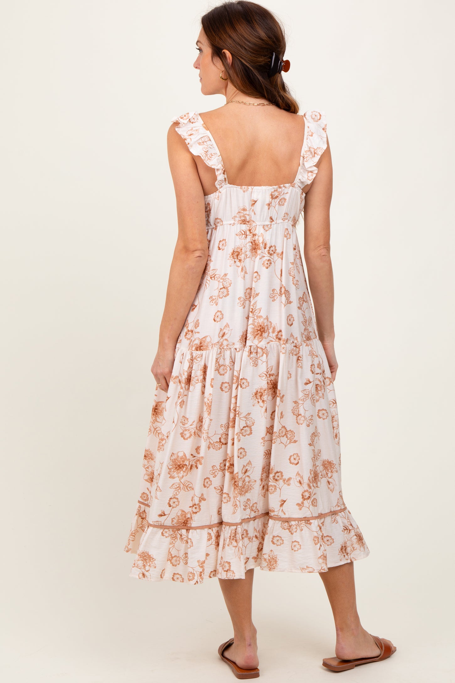 Brown Floral Ruffle Strap Tiered Midi Dress