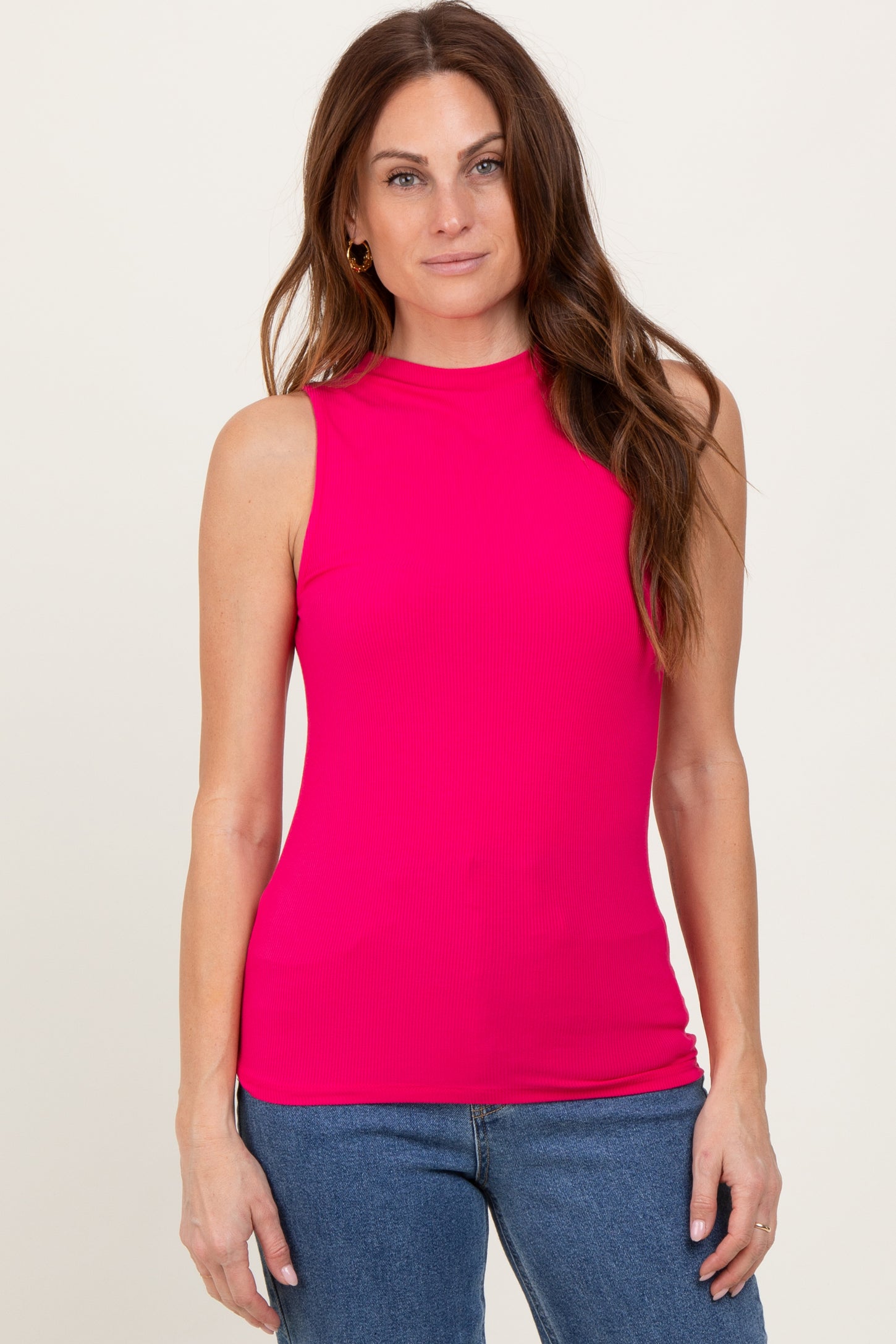 Fuchsia Ribbed Sleeveless Mock Neck Top
