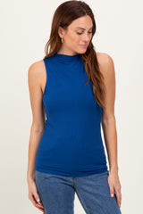Navy Ribbed Sleeveless Mock Neck Top