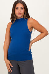 Navy Ribbed Sleeveless Mock Neck Maternity Top