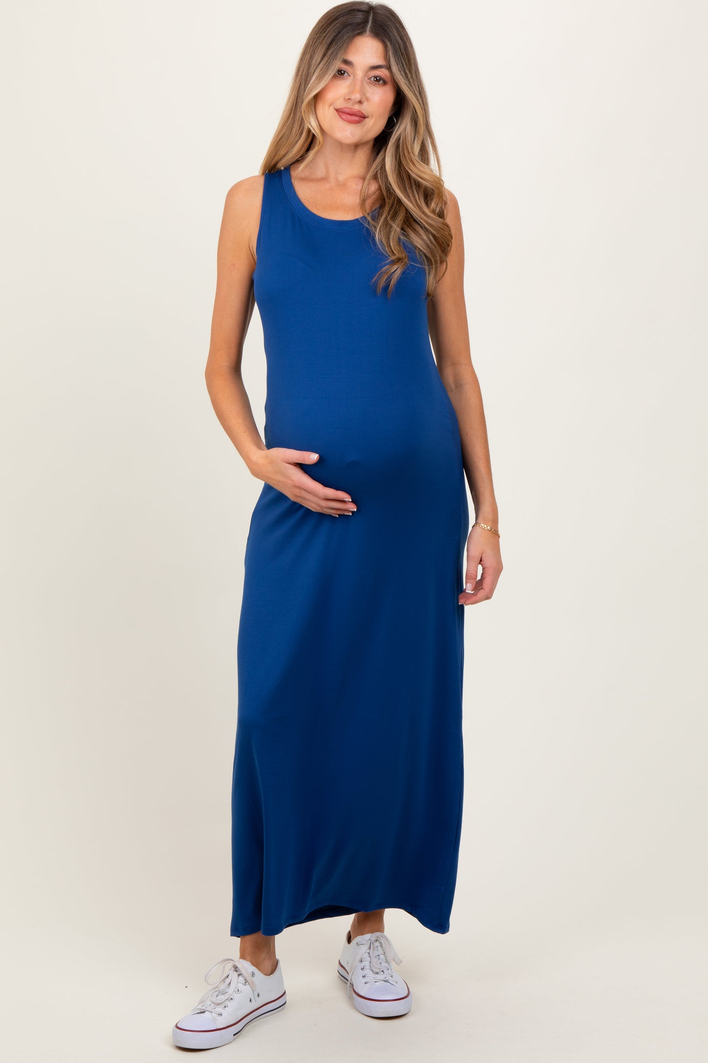 Navy Sleeveless Flared Scoop Neck Maternity Maxi Dress