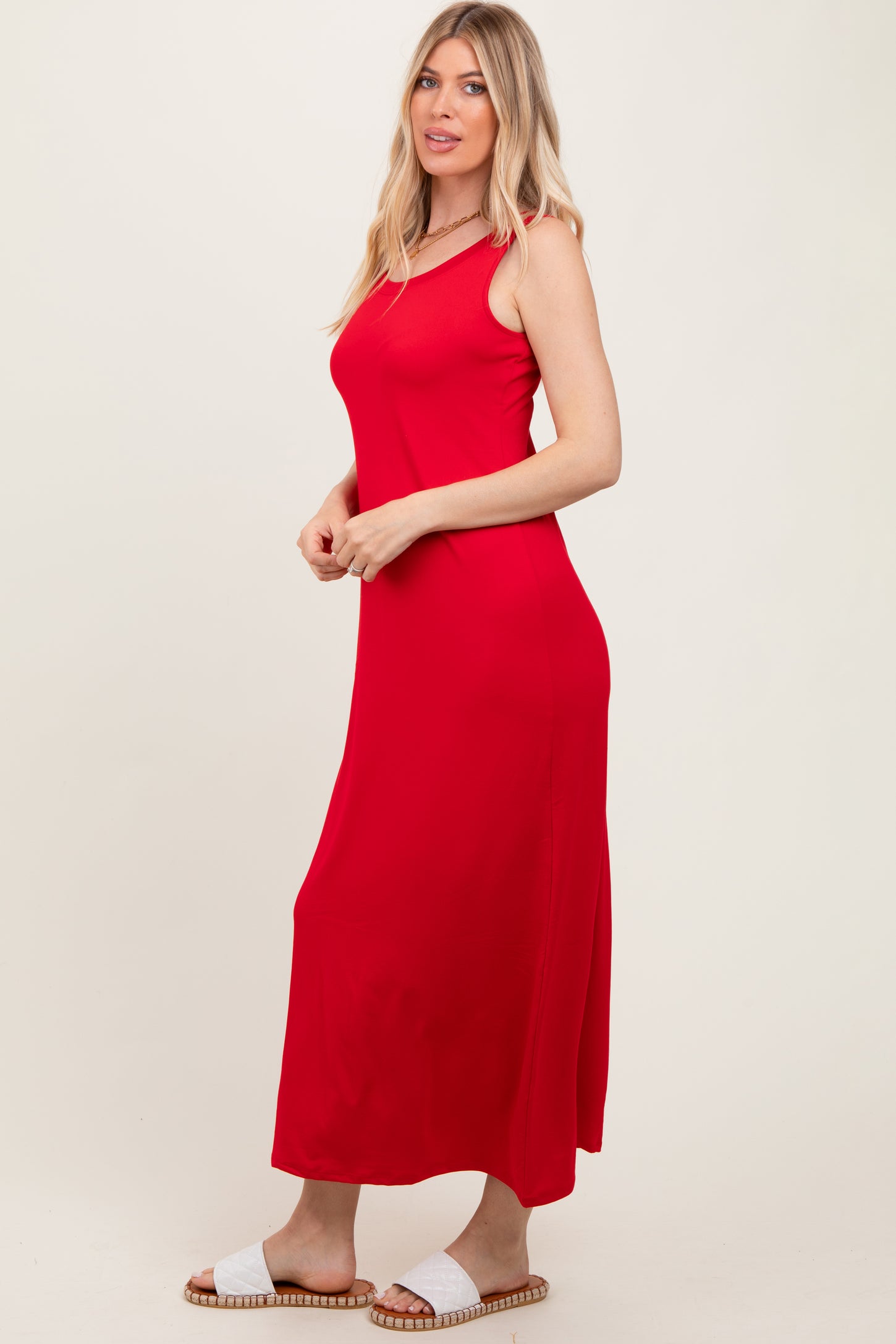 Red Sleeveless Flared Scoop Neck Maxi Dress