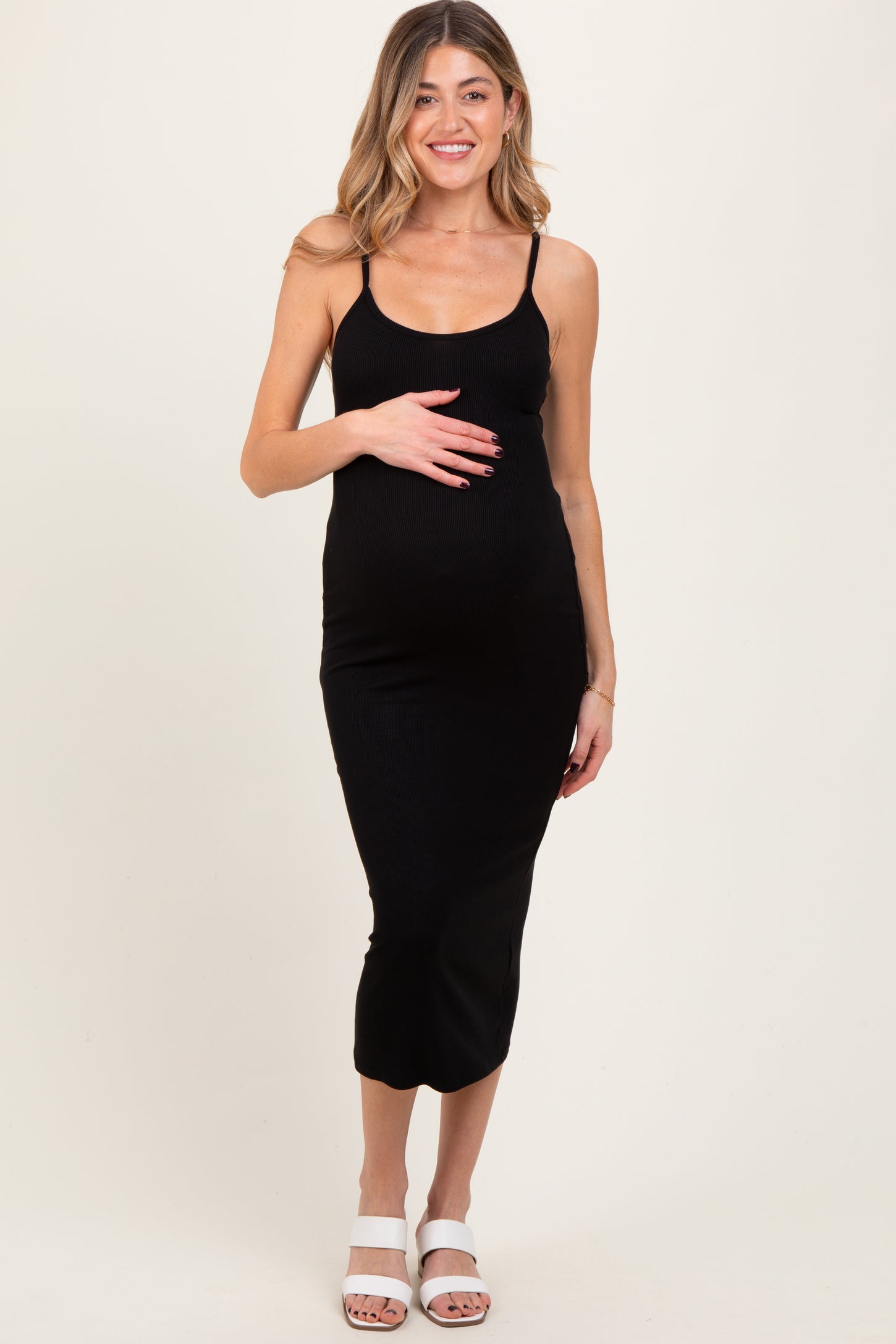 Black Ribbed Bodycon Maternity Midi Dress