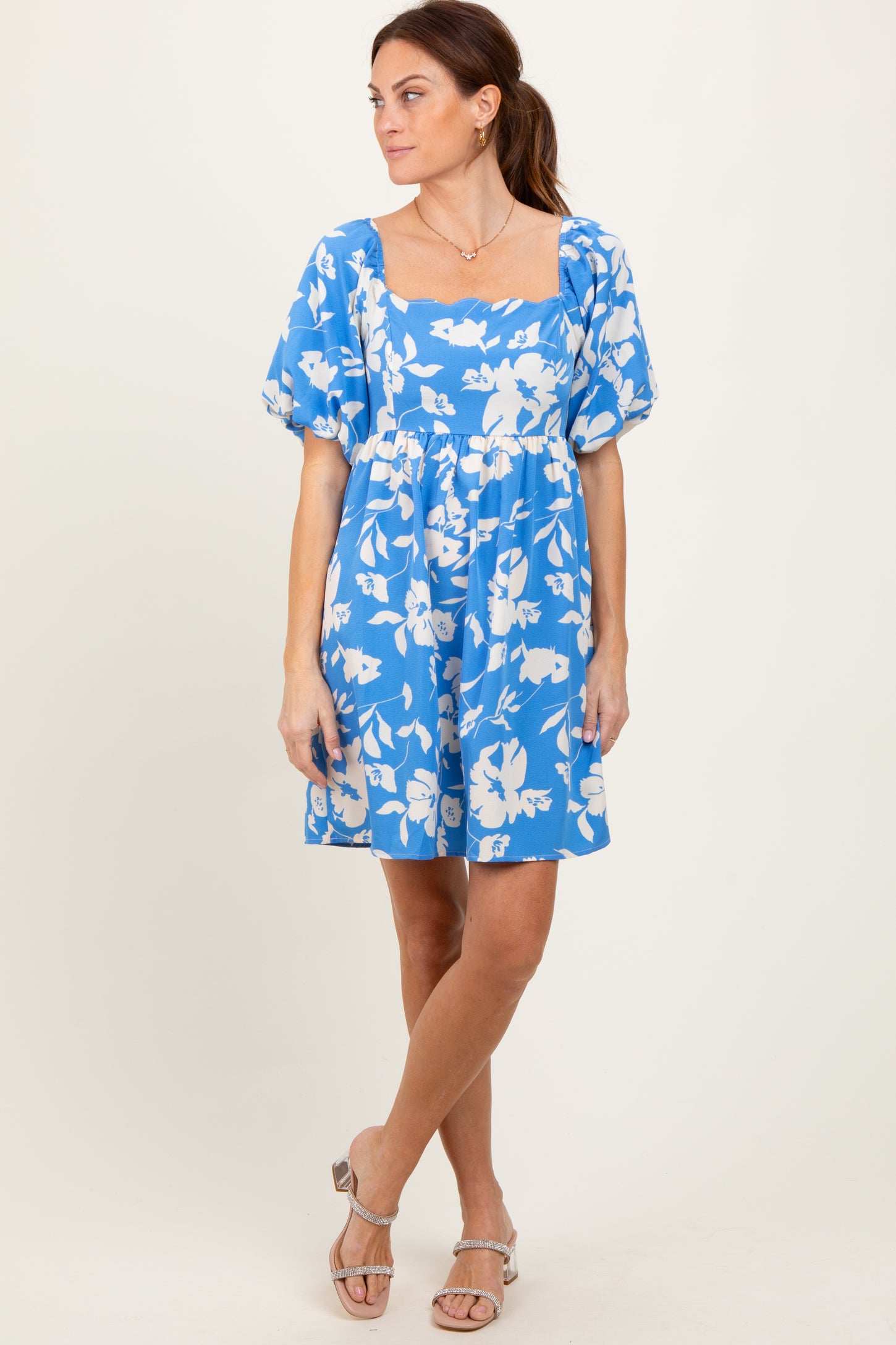 Blue Floral Puff Sleeve Mini Dress
