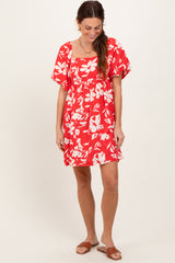 Red Floral Puff Sleeve Mini Dress