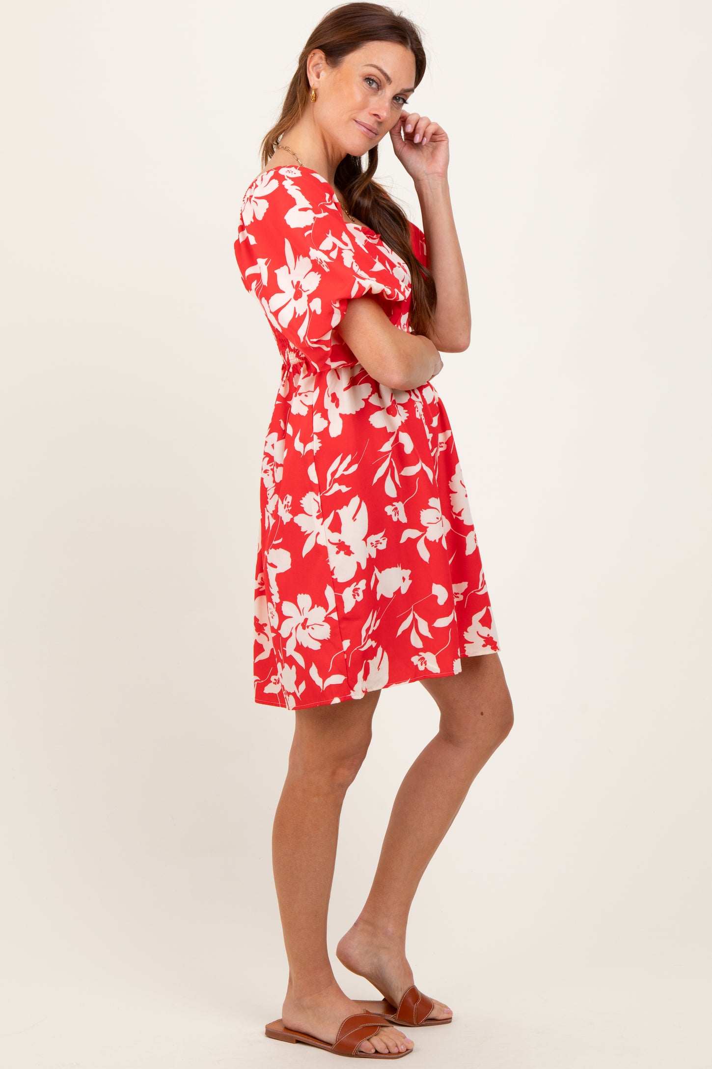 Red Floral Puff Sleeve Mini Dress