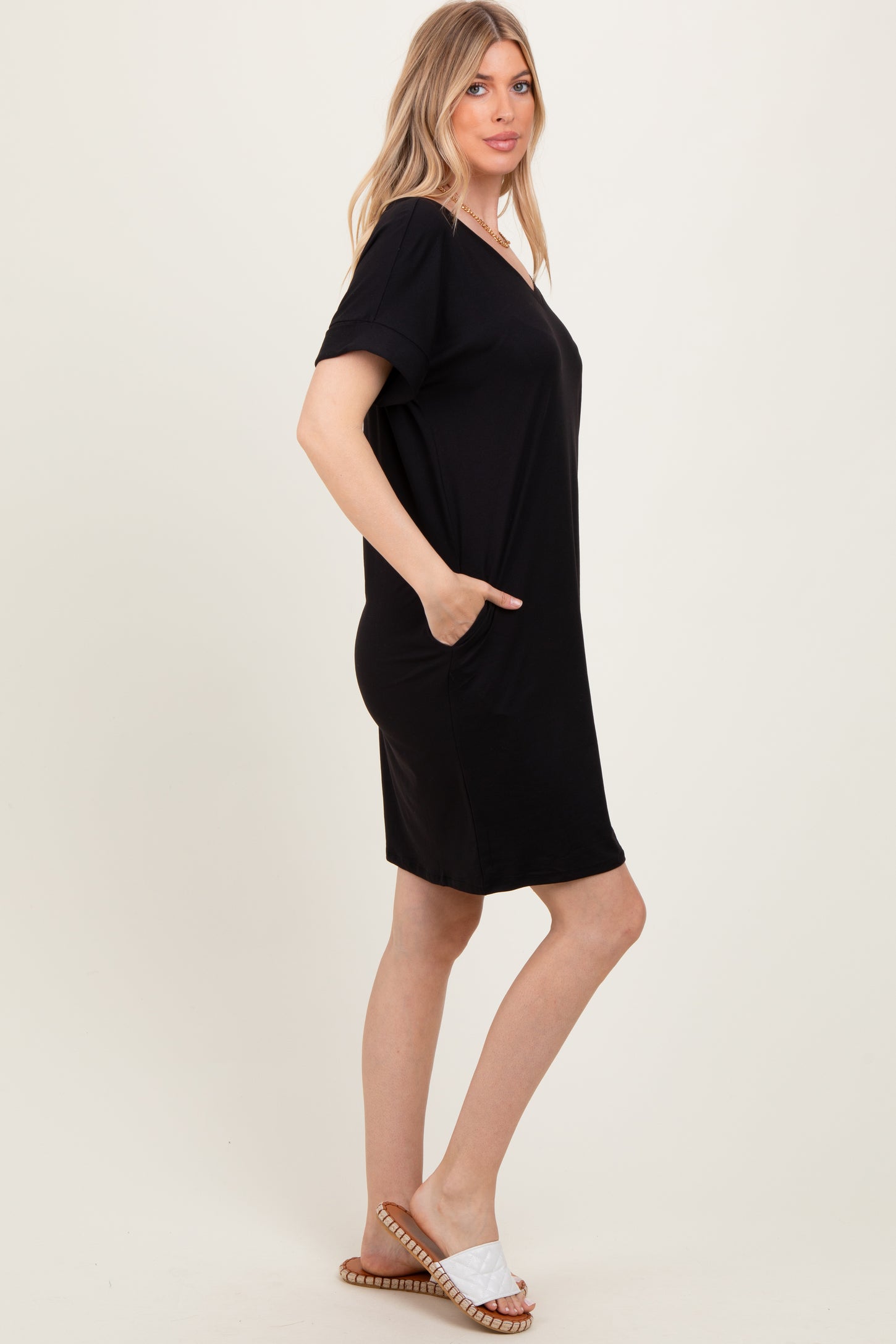 Black Brushed Rolled Short Sleeve V-Neck Dress