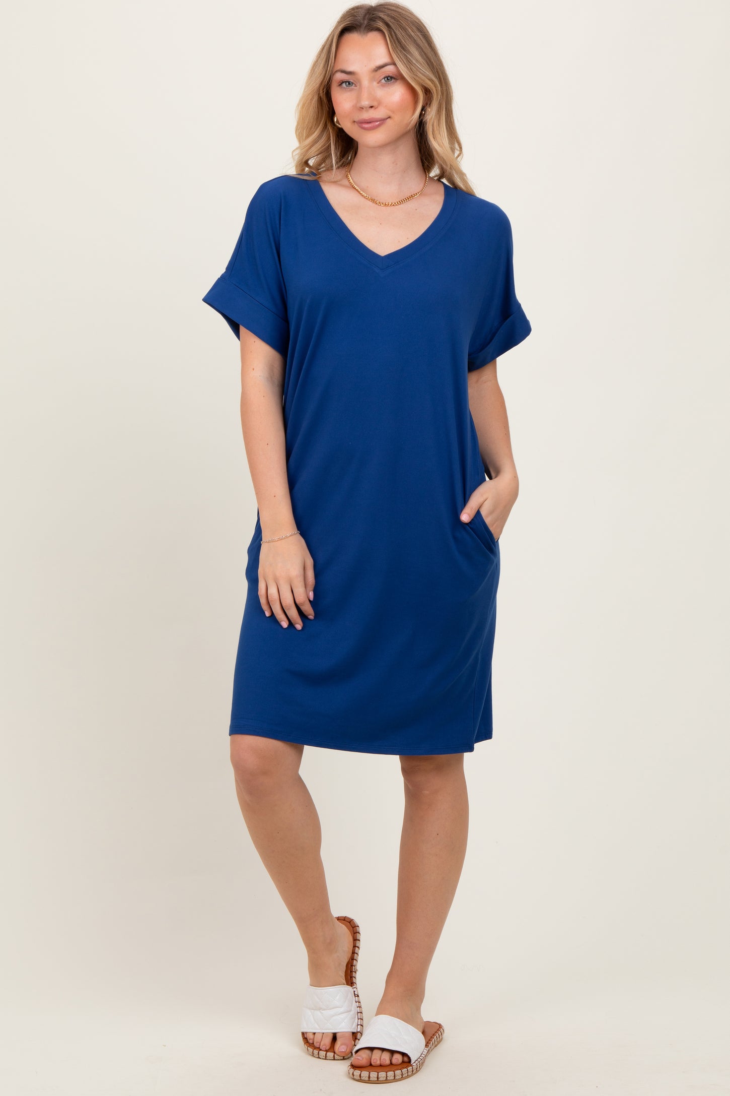 Navy Brushed Rolled Short Sleeve V-Neck Dress