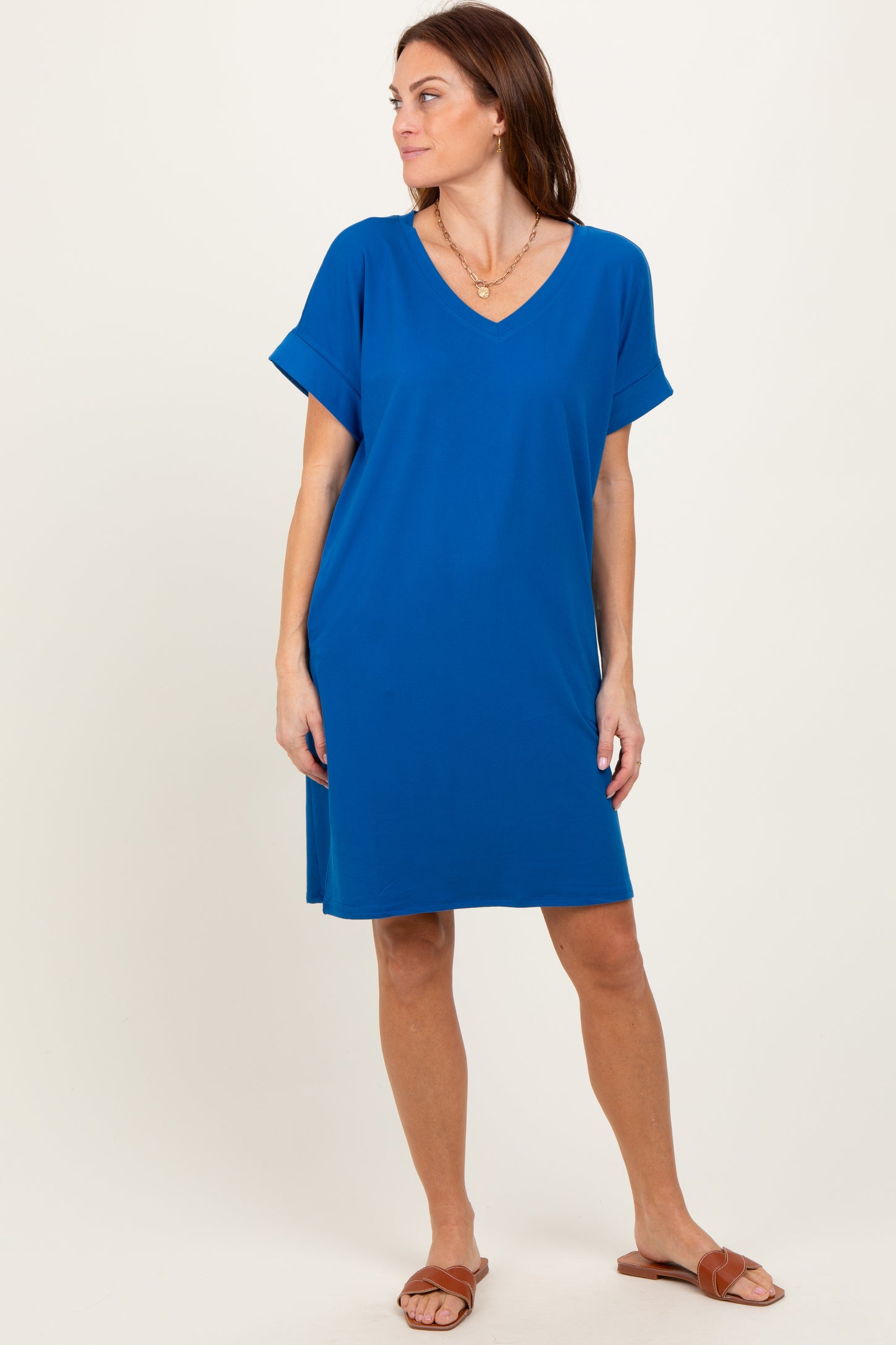 Royal Blue Brushed Rolled Short Sleeve V-Neck Maternity Dress