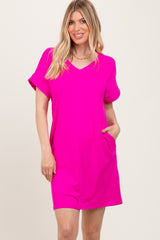 Fuchsia Brushed Rolled Short Sleeve V-Neck Dress