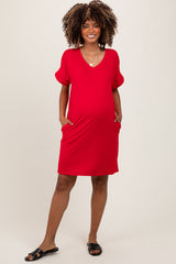 Red Brushed Rolled Short Sleeve V-Neck Maternity Dress