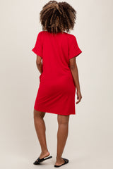 Red Brushed Rolled Short Sleeve V-Neck Maternity Dress