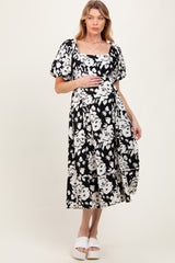 Black Floral Scallop Trim Puff Sleeve Maternity Midi Dress