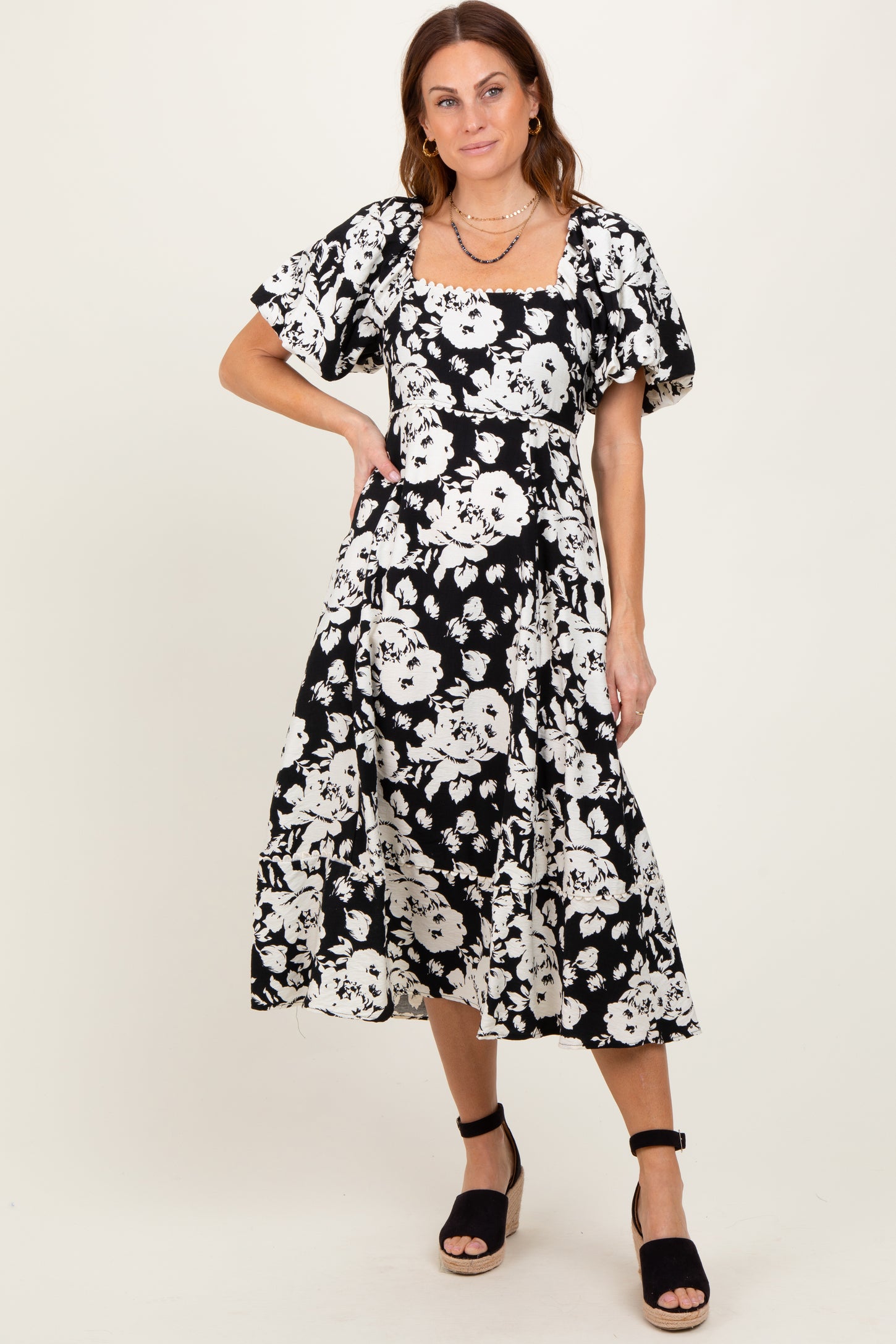 Black Floral Scallop Trim Puff Sleeve Maternity Midi Dress