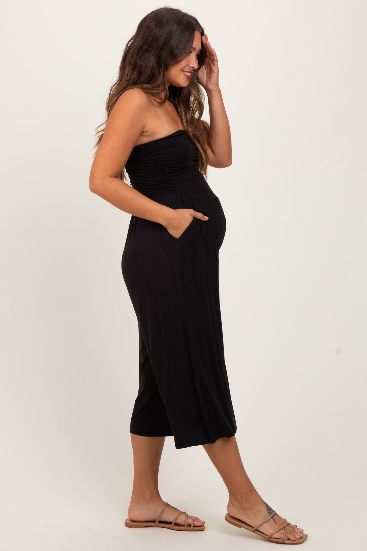 Black Double Layered Strapless Tube Top Maternity Jumpsuit