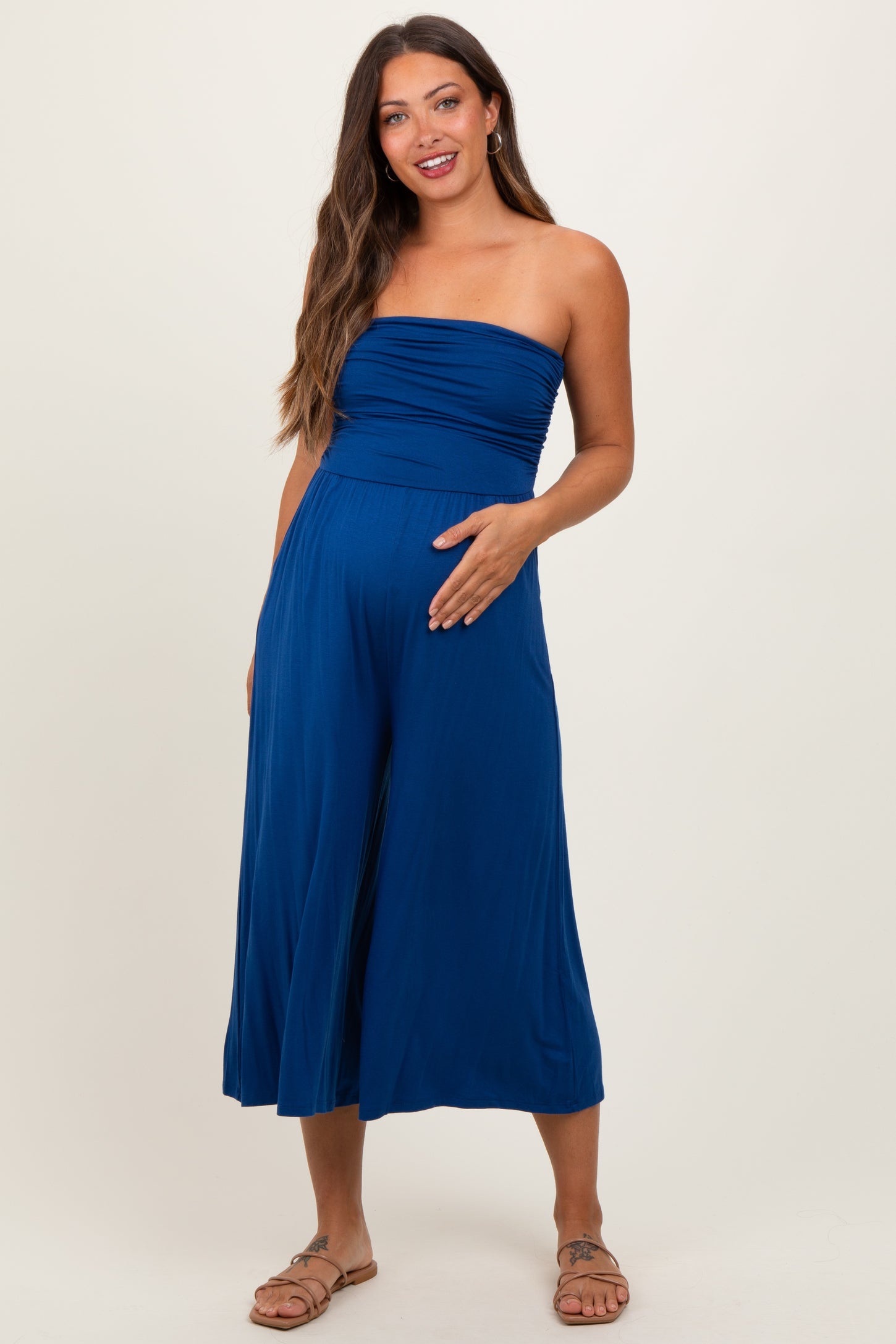 Navy Double Layered Strapless Tube Top Maternity Jumpsuit