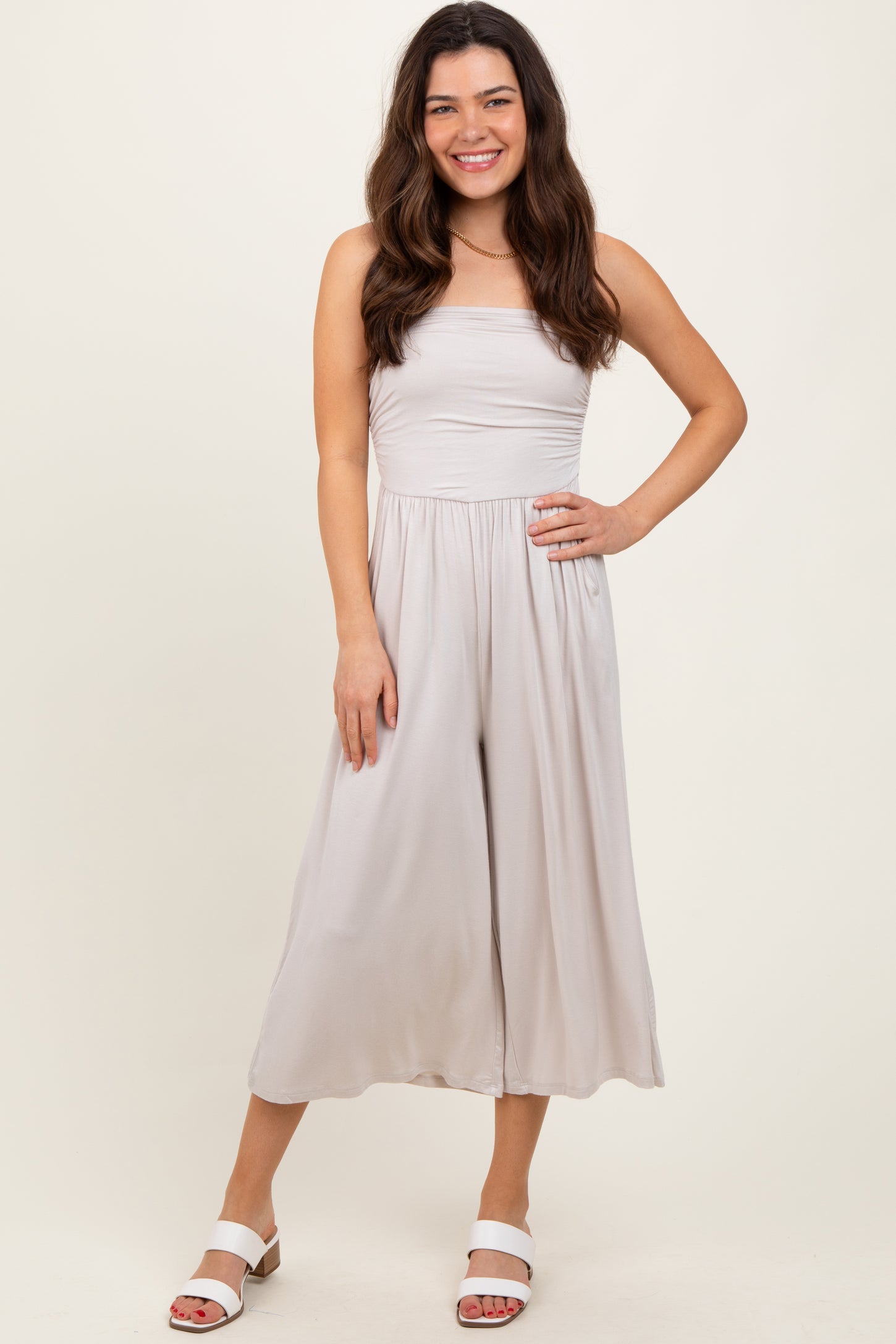 Beige Double Layered Strapless Tube Top Maternity Jumpsuit