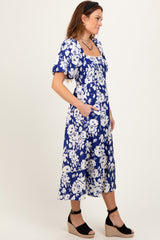 Navy Floral Scallop Trim Puff Sleeve Midi Dress